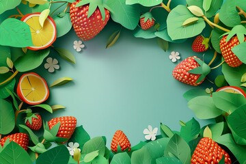 Mockup of fruits, leaves, and wildflowers. 3D animation style, layered cut paper. Strawberries, oranges, chamomiles, berries on a green background. Presentation, greeting card, space for text - 785753911