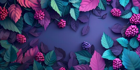 Wild forest berries and leaves deep violate mockup background. Flat lay top view wild plants background. Negative space for design, template for packaging, goods, products, 3D, paper layered cut style - 785753922