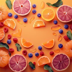 Orange mockup made of juicy fruits and citrus fruits with dewdrops in a layered paper cut style. Fruits and berries blueberries and raspberries in a 3D top down view, flat lay - 785753923