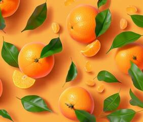 Bright orange background with oranges and green leaves, fruit slices, and dewdrops in a 3D animation style. Juicy design, trendy illustration. - 785753925