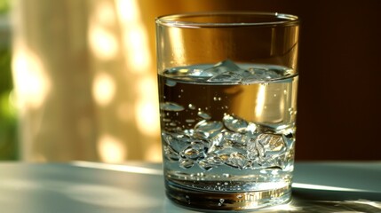 A close-up of a clear glass on a wooden table, with refreshing water filled to half, bubbles dancing in the light of the warm sun casting beautiful shadows, creating a serene and tranquil scene.
