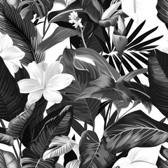 A seamless pattern featuring various tropical leaves and flowers in a monochrome palette, creating an elegant and timeless design suitable for various applications