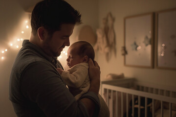 Newborn comfort, tender moment as a father gently holds his baby in a dimly lit nursery. Concept of parenting and family love.