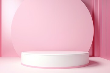 Empty round podium on a minimalist pink background with geometric shapes, ideal for product display.