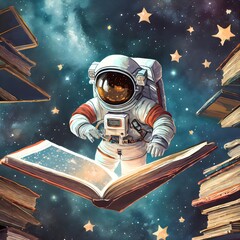 Un astronauta en el espacio leyendo un libro - obrazy, fototapety, plakaty