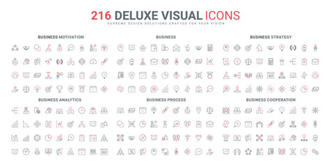 Business process line icons set. Company contract and search for global trends, direction for development and production, employee team structure thin black and red outline symbols vector illustration