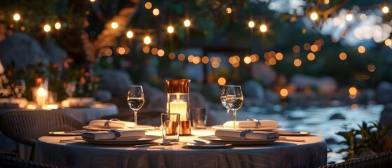 A luxurious dinner table in a pleasant atmosphere. The beautiful scenery makes for a wonderful night. Images like this are often used to post on social media, write blogs or set as wallpaper. - obrazy, fototapety, plakaty