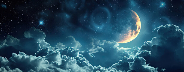 romantic moon in starry night over clouds, web banner format