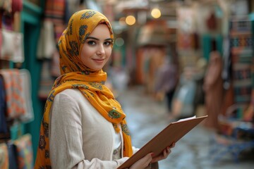 Confident young woman in a vibrant hijab reading a book in a busy market scene