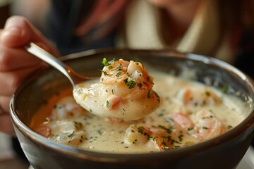 High-definition close-up of a woman relishing a spoonful of creamy seafood bisque - obrazy, fototapety, plakaty