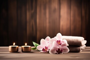 Obraz na płótnie Canvas Orchid flowers next to fluffy towels and lit candles, set against a wooden background for a spa theme. Orchids and Towels at Calming Spa Setting