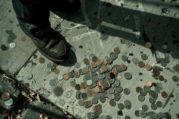 Spilled coins on city sidewalk next to shoe