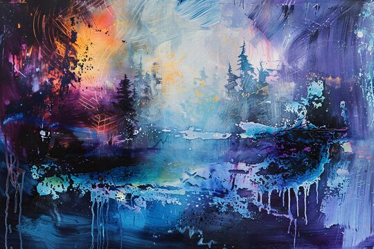 Immerse yourself in an abstract wilderness where psychedelic hues merge with icy landscapes