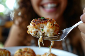Macro shot of a woman enjoying a forkful of tender, succulent crab cakes
