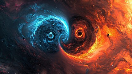 the yin yang symbol, with blue and orange eyes,