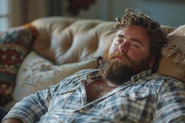 An image capturing a moment of relaxation, a man in casual attire taking a nap on a comfortable sofa in a cozy room - obrazy, fototapety, plakaty