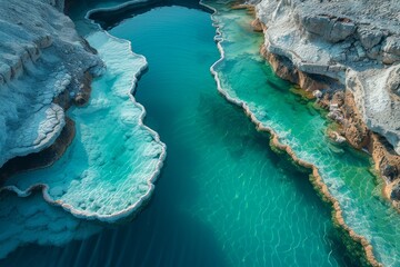 Stunning turquoise river gracefully winding through a rocky landscape in a serene natural setting