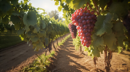 Ripe Grapes Hanging in Sunlit Vineyard - 785755131