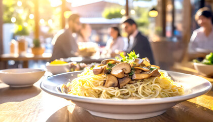 Spaghetti mit Champignons, im Hintergrund ein Restaurant mit Gästen 