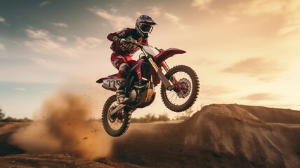 Dirt bike rider doing a big jump. Supercross, motocross, high speed. Sport. - obrazy, fototapety, plakaty