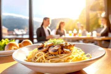 Spaghetti mit Champignons, im Hintergrund ein Restaurant mit Gästen 