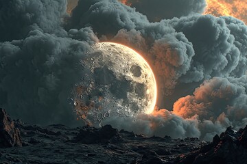The moon satellite explodes in space, surreal landscape