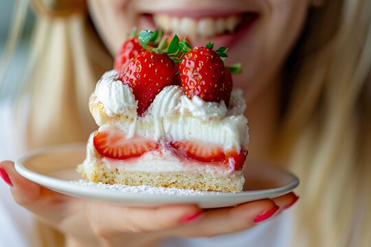Macro shot of a woman savoring a mouthful of tangy, refreshing strawberry shortcake