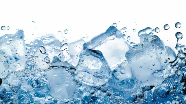 Ice cube splashing in water creating bubbles on white background, a refreshing concept.