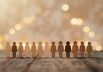 A group of paper people standing in line, each person representing different ethnicities and skin tones, symbolizing diversity and incorporate the color beige into it Generative AI