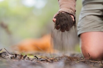 farmer holding soil in hand and pouring soil on ground. connected to the land and environment. soil agronomy in australia. soil heath study