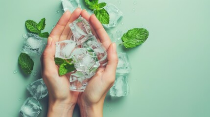 A woman's hands holding transparent ice cubes with fresh green leaves, placed on a wooden table. The scene is viewed from above, with a vibrant green background enhancing the composition. - Powered by Adobe