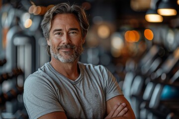 Obraz premium Confident middle-aged man with a pleasant smile, posed in a gym environment