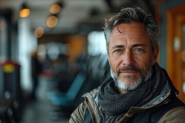 Mature man with grey hair and a scarf, giving a thoughtful look in a gym