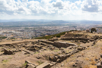 Panoramic view of the archaeological site of ancient Pergamon with cityscape. Bergama, Turkiye (Turkey)