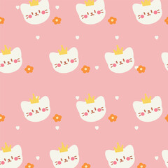Cute cat and flower seamless pattern on pink background. Cute cat vector seamless Pattern isolated repeat background wallpaper.	