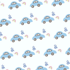 Seamless pattern with cute cars and rainbow on white background.