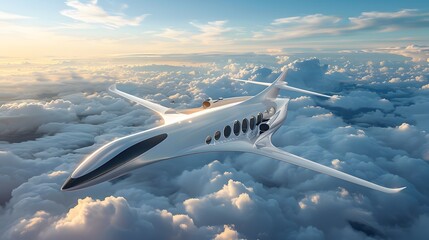 A futuristic hydrogen powered airplane flying above the clouds representing the next generation of...
