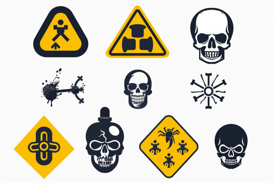 Danger, warning sign icon set. Poison, toxic, biohazard caution sign. Skull, chemical danger yellow triangle symbol element. Vector illustration vector icon, white background, black colour icon