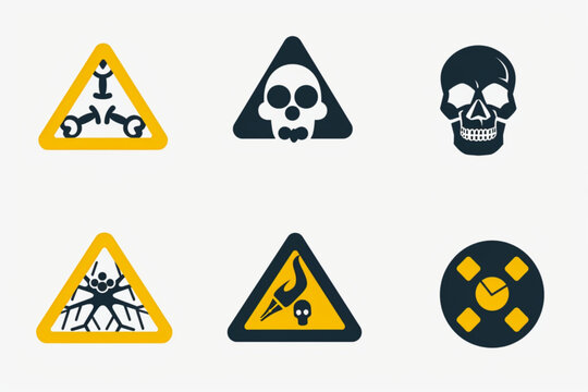 Danger, warning sign icon set. Poison, toxic, biohazard caution sign. Skull, chemical danger yellow triangle symbol element. Vector illustration vector icon, white background, black colour icon