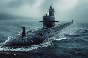 A dominating scene of a submarine emerging imposingly from misty sea waters, ushering a sense of awe