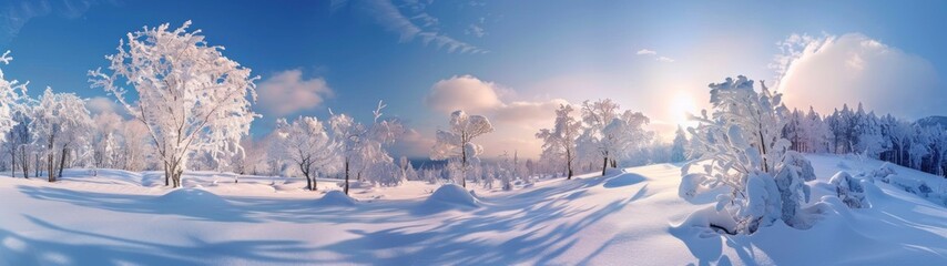 panoramic view 32:9 beautiful landscape of trees full of snow