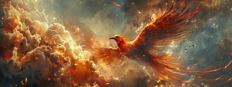 Phoenix bird fire fantasy firebird abstract magic 3D eagle animal. Phoenix bird fire tale character illustration render hawk fairy wings graphic feather gold background fenix logo icon red art pheonix