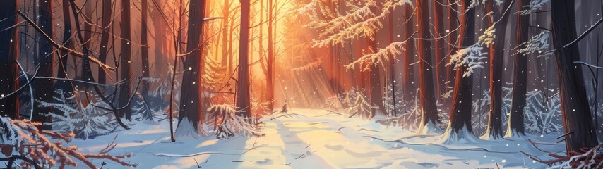 panoramic view 32:9 beautiful sunrise behind pine trees full of snow in high resolution