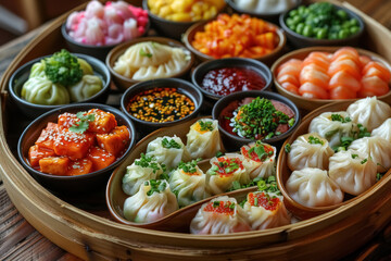assorted asian dumplings and sushi served in a bamboo steamer, colorful gourmet appetizers - obrazy, fototapety, plakaty