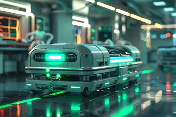 3D Render Futuristic Defibrillator Sleek, futuristic defibrillator with glowing green power bar on a sterile medical cart Bustling futuristic emergency room with holographic displays and medical - obrazy, fototapety, plakaty