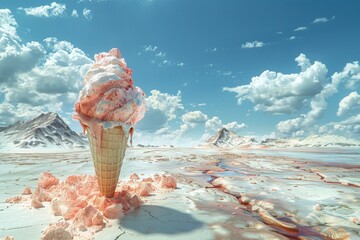 3D render Giant melting ice cream cone glaciers on cracked Earth Deserts replace continents, holographic news shows rising temperature Futuristic, environmental destruction - obrazy, fototapety, plakaty