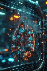 3D render Hightech lab, scientist views lung hologram with nanobots targeting cancer cells Futuristic tech, focus on nanobots , High detail, High resolution,