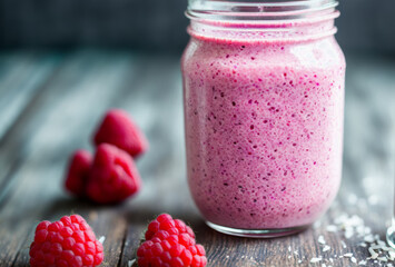 Close-up of a mason jar filled with raspberry coconut smoothie, garnished with fresh raspberry swirls and coconut flakes. AI generated. - obrazy, fototapety, plakaty