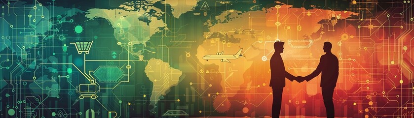 Fototapeta premium infographic Diverse business people handshake Global connections map, airplane and digital tech laptop, circuit board icons radiate out Text Success, Business Partnership, Global Technology 