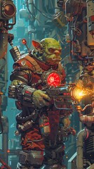 Isometric Illustration Orc Tech Orc in mechanic overalls wielding a hightech torch modifies a robotic arm in a futuristic workshop with glowing energy cores , High detail, High resolution, - obrazy, fototapety, plakaty